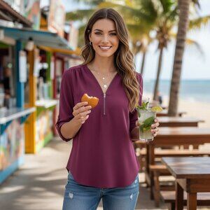 Ultra-Chic Purple V-Neck Blouse with Zip Detail & Roll-Up Sleeves Trendy 💜✨